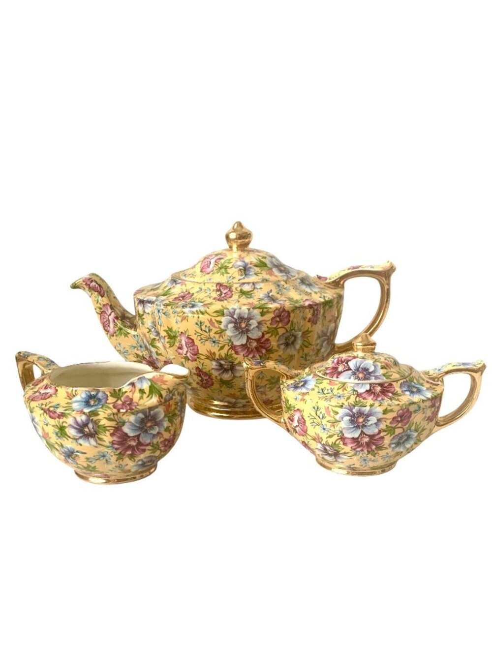 James Sadler Sophie Chintz Teapot With Creamer & Sugar Set Gold Floral Design